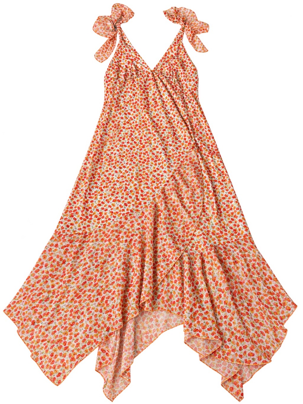 Zara Orange Floral Tie-Shoulder Ruffle Handkerchief Maxi Dress